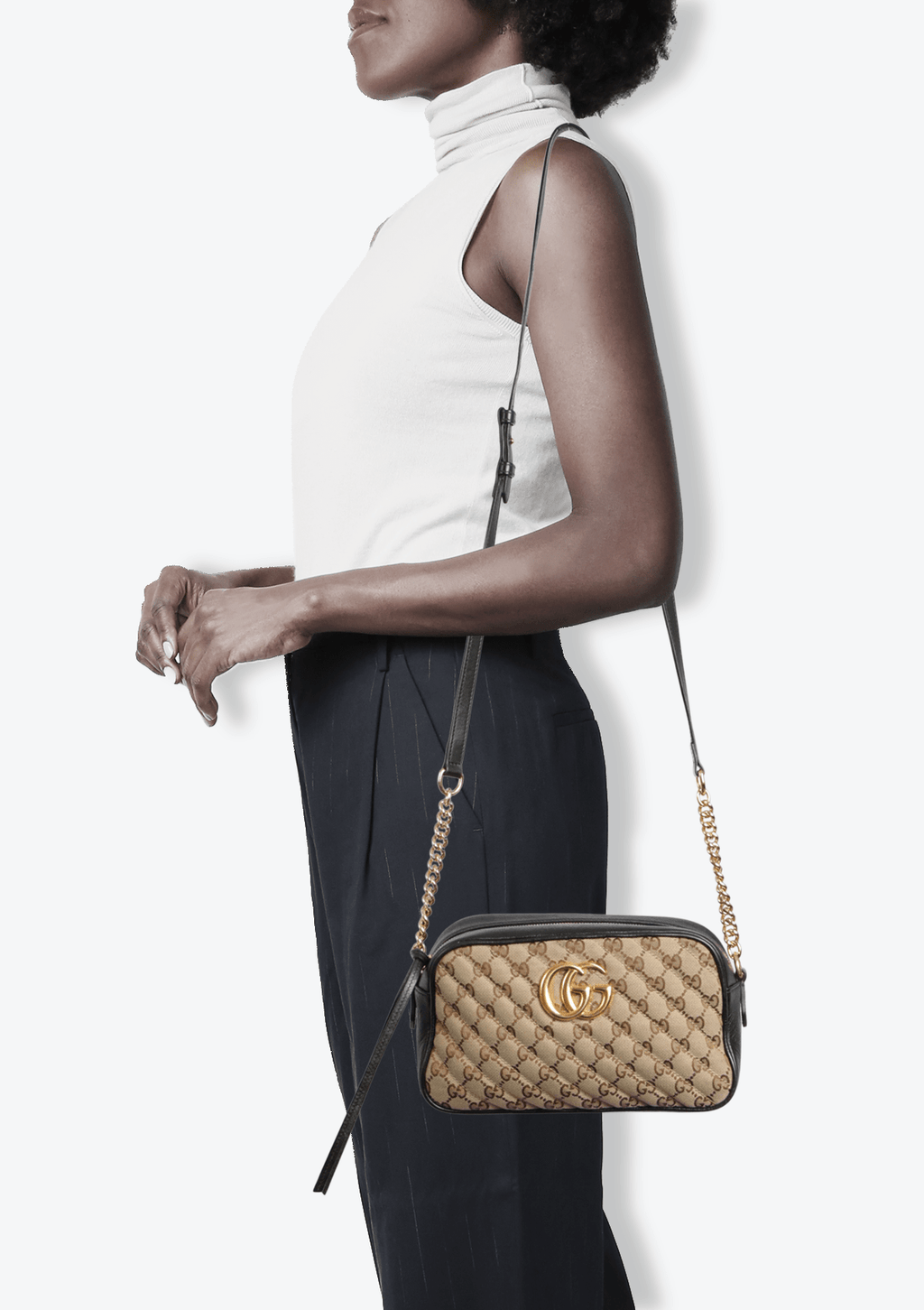 BOLSA GUCCI SMALL GG CANVAS MARMONT CAMERA BAG BEGE ORIGINAL Gringa