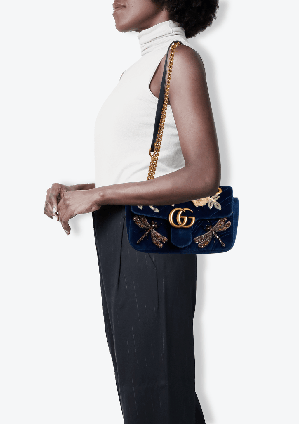 BOLSA GUCCI GG MARMONT EMBROIDERED VELVET MINI AZUL ORIGINAL Gringa