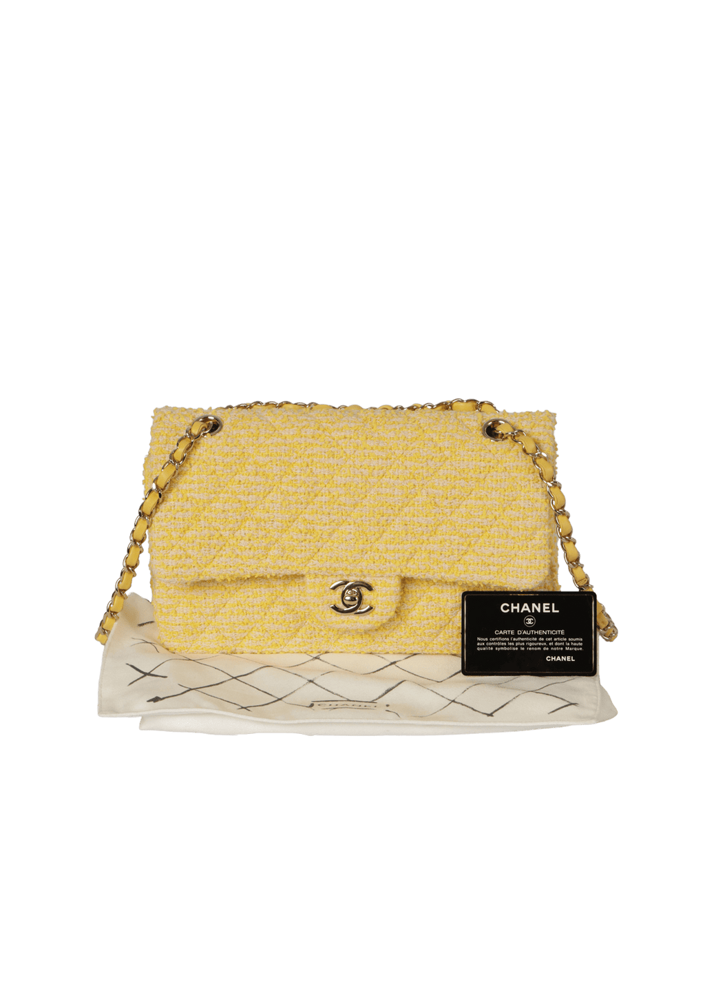 BOLSA CHANEL MEDIUM CLASSIC DOUBLE FLAP TWEED AMARELO ORIGINAL Gringa