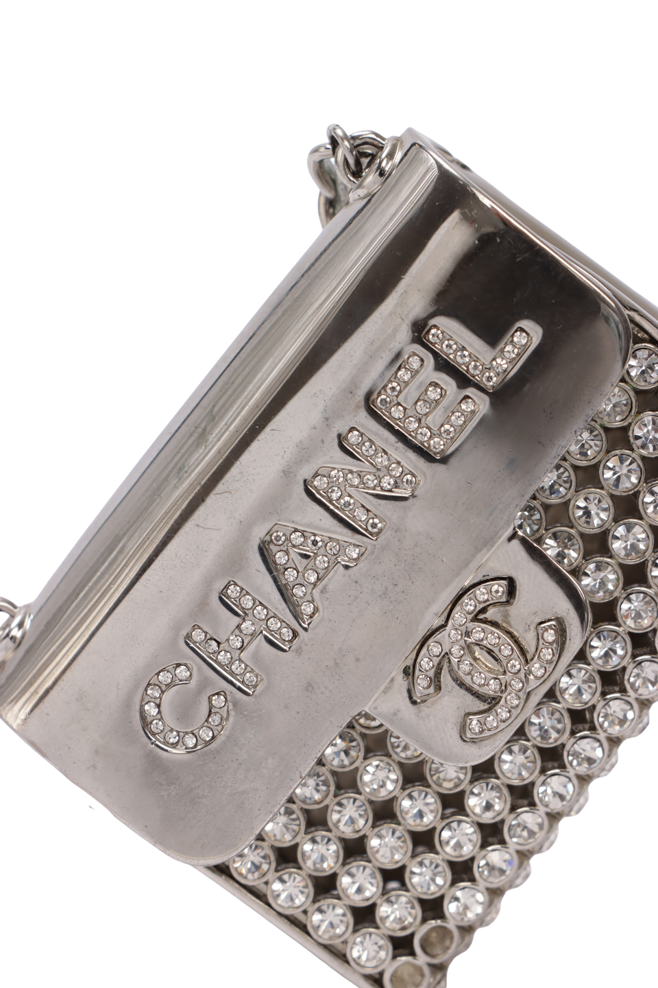 METAL AND STRASS CRYSTAL FLAP BAG NECKLACE