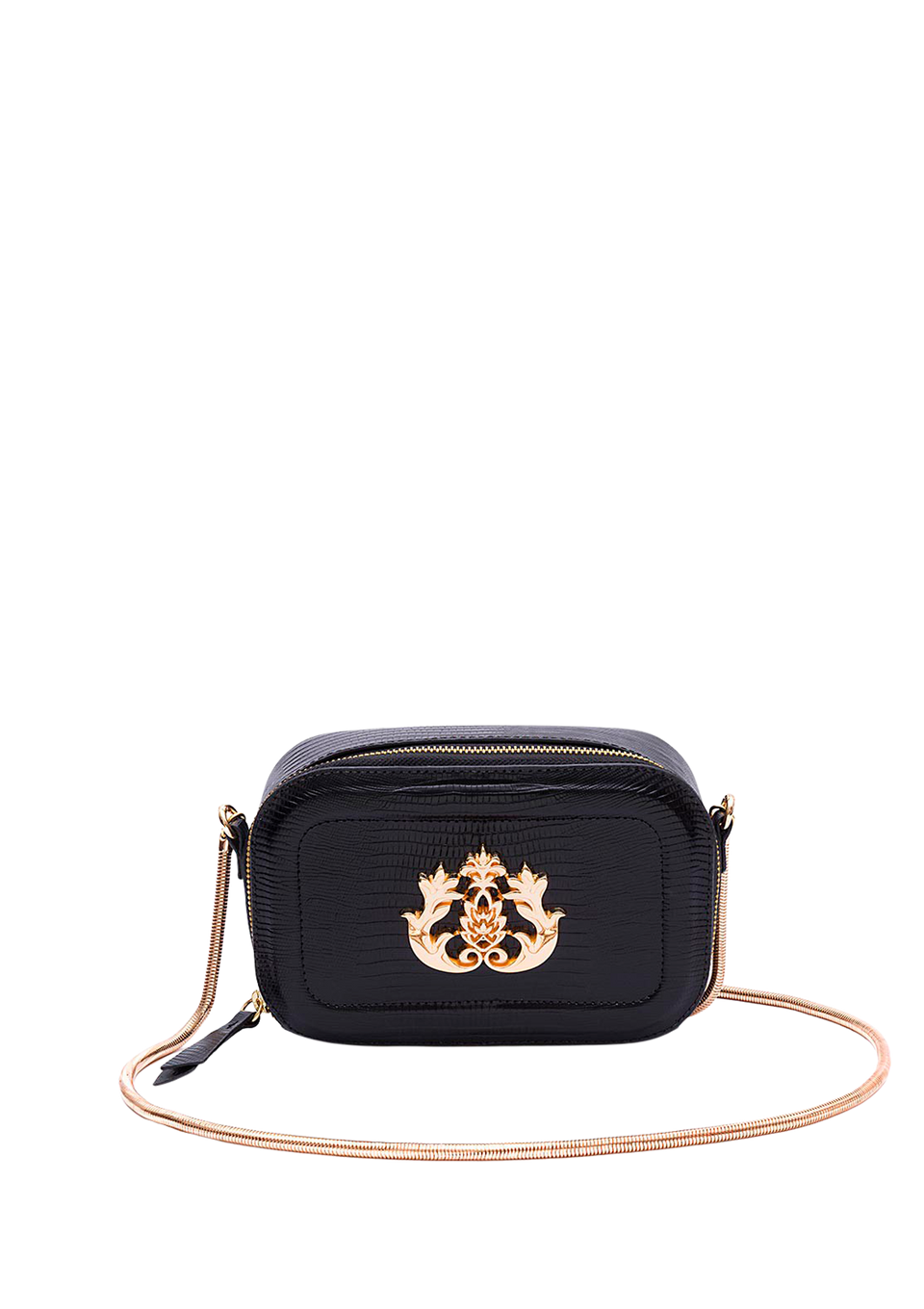 BOLSA DANCE EM COURO LIZARD PRETO OURO