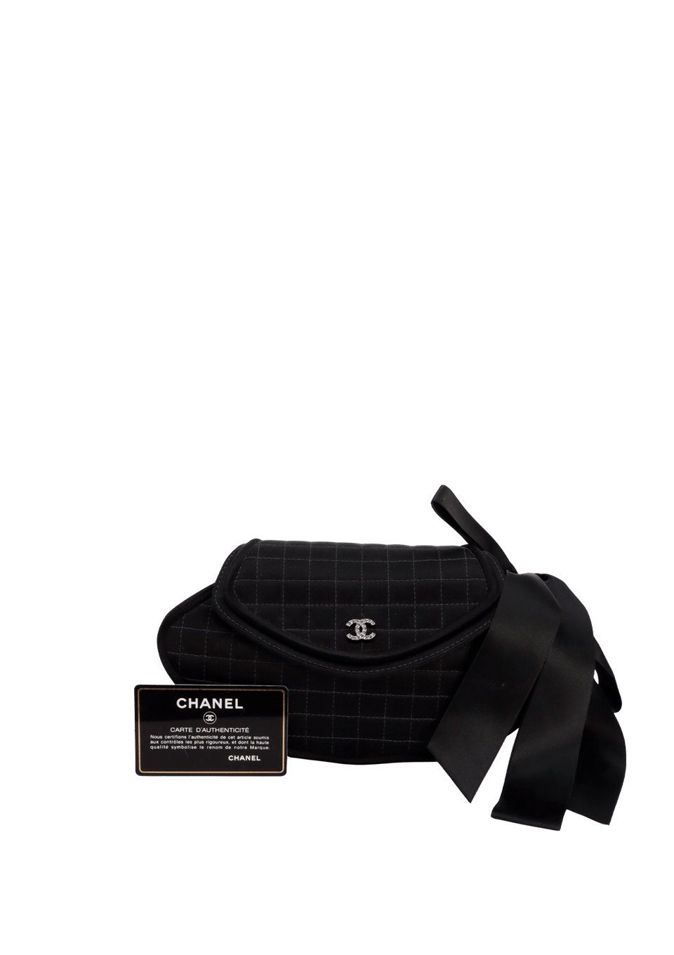 CC CHOCOLATE BAR SATIN QUILTED WRISTLET BOW CLUTCH