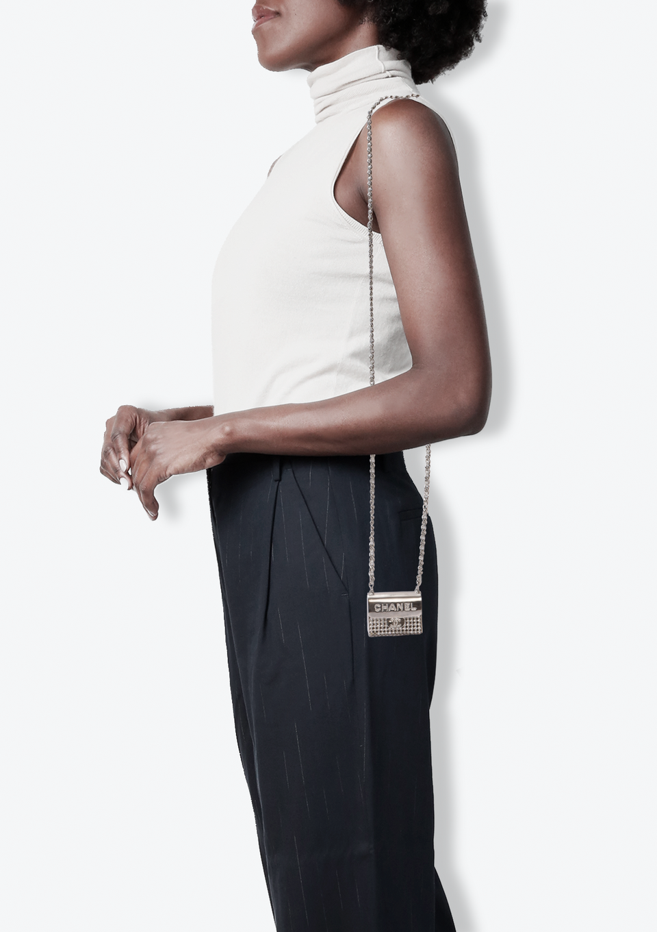 METAL AND STRASS CRYSTAL FLAP BAG NECKLACE