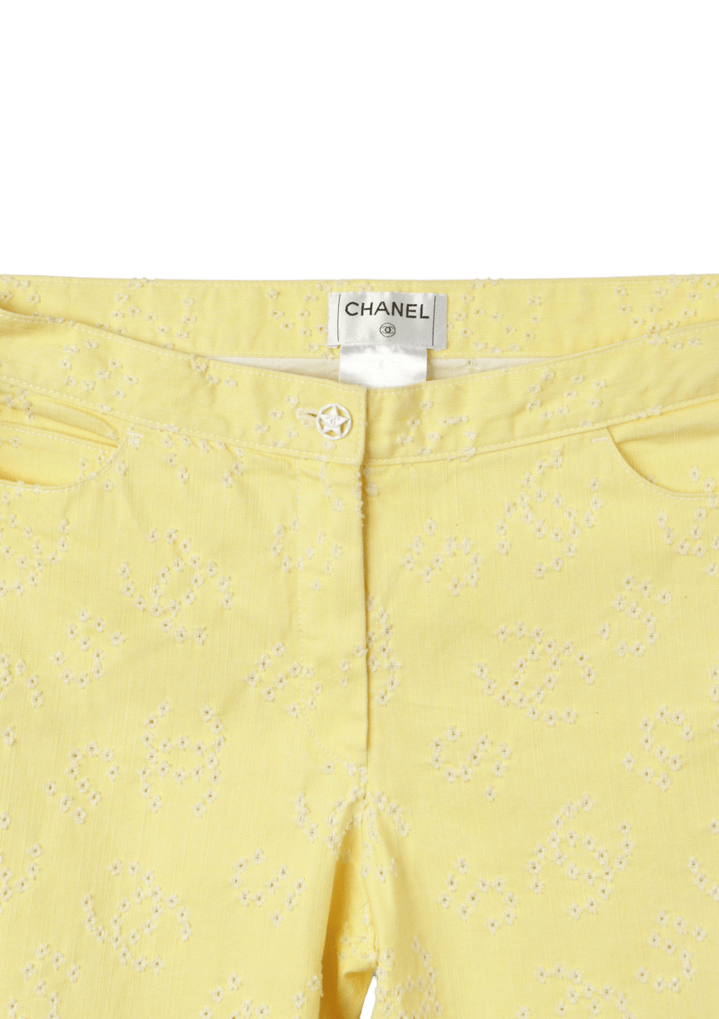 CHANEL 22 years cotton COCO Mark Pearl Button Wide Denim pants Gaucho Bottoms Jeans P73404 blue 38