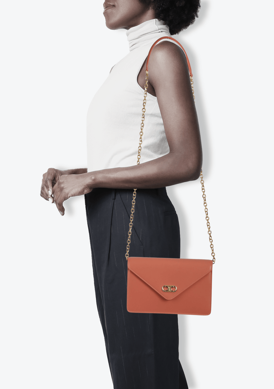 BOLSA CELINE MAILLON TRIOMPHE WALLET ON CHAIN LARANJA ORIGINAL