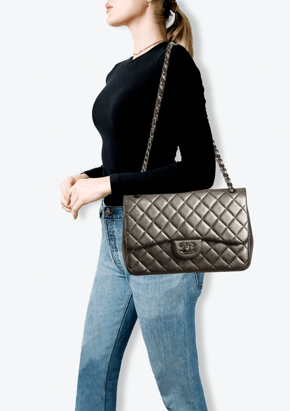 BOLSA CHANEL CLASSIC PERFORATED DOUBLE FLAP CINZA ORIGINAL – Gringa