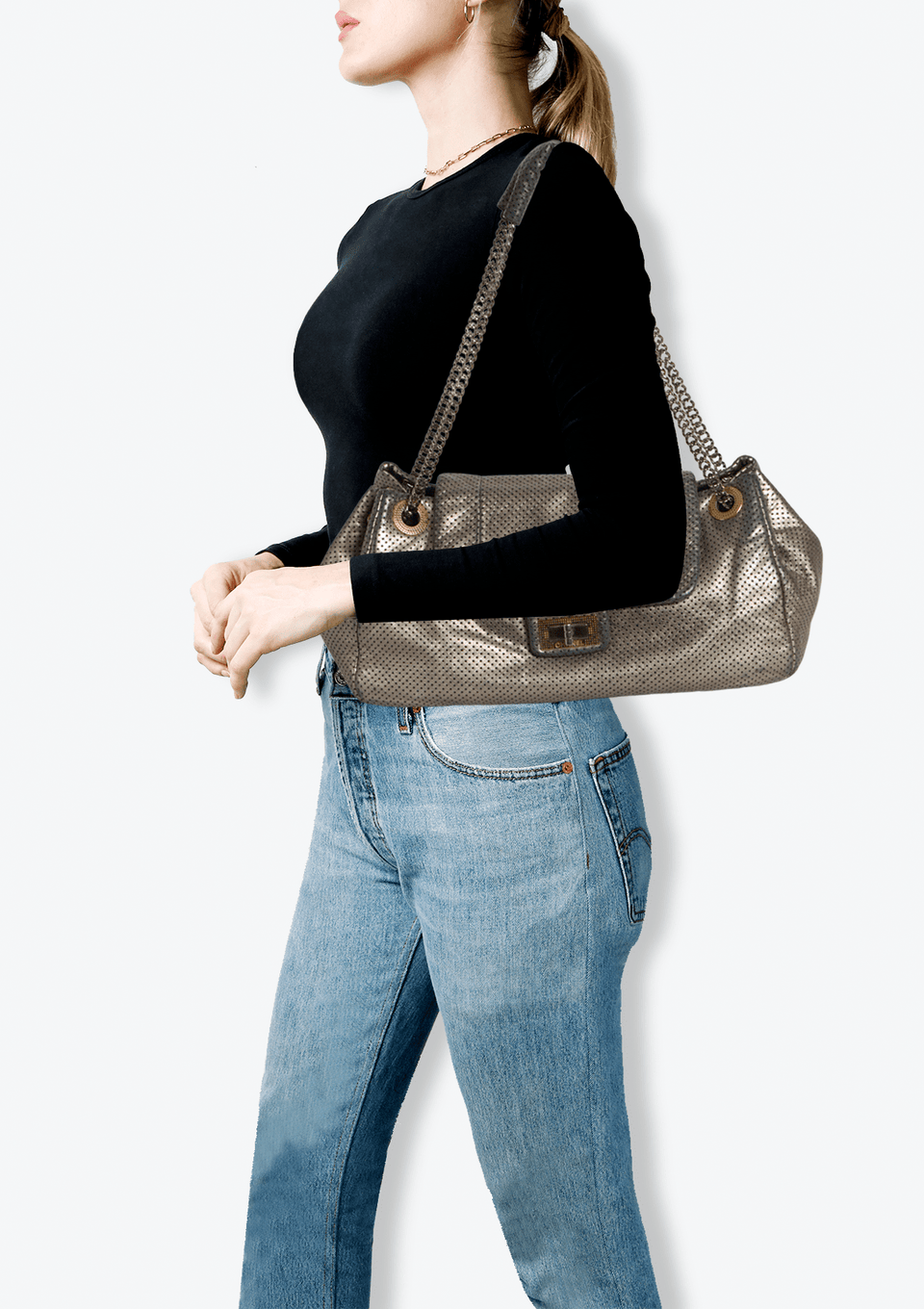 Cordelia BOLSA CHANEL LARGE PERFORATED DRILL ACCORDION FLAP METALIZADO