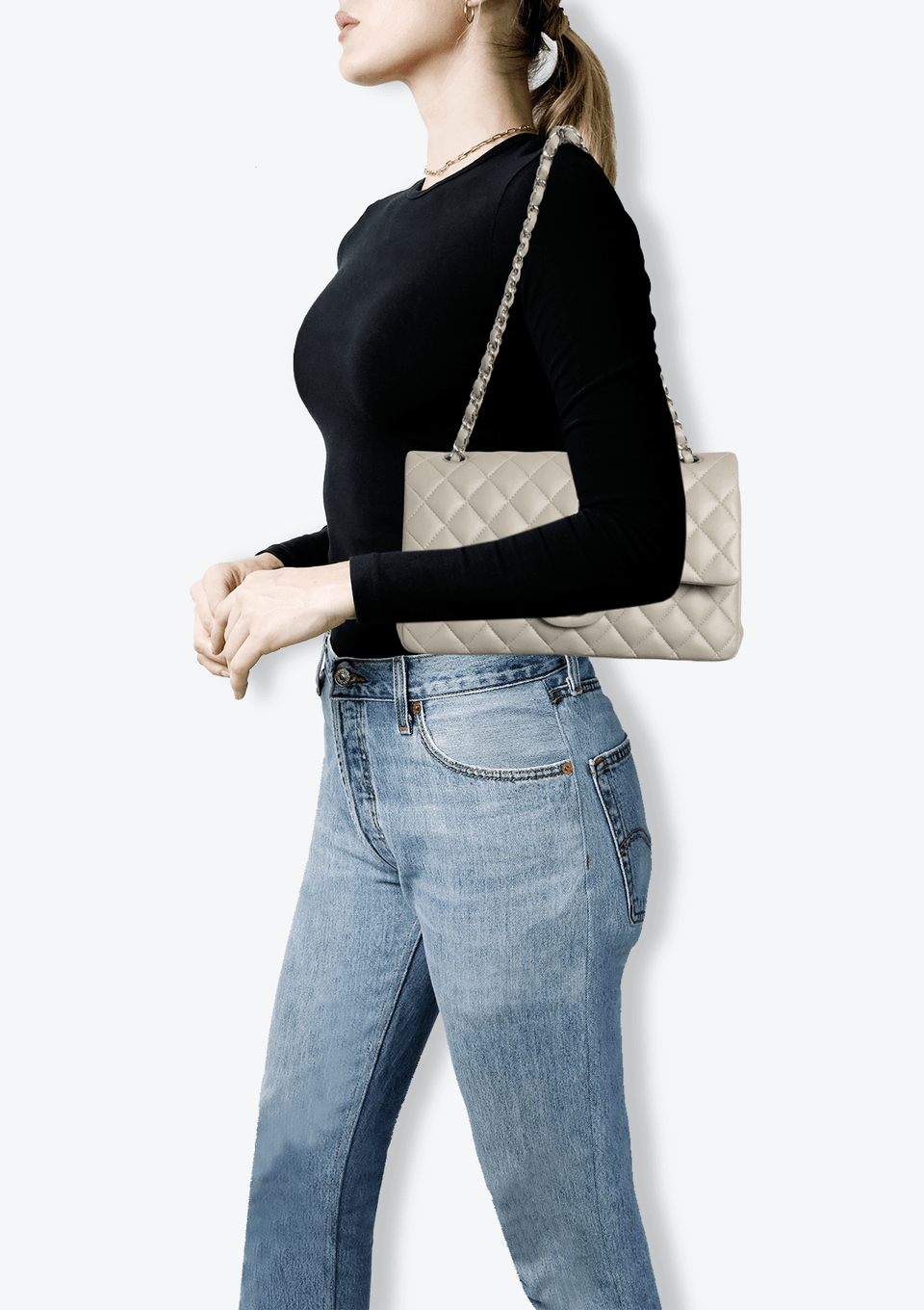 BOLSA CHANEL MEDIUM CLASSIC DOUBLE FLAP LAMBSKIN CINZA ORIGINAL