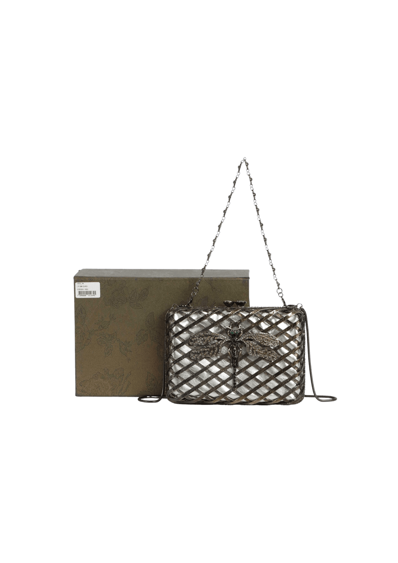 BOLSA CLUTCH METAL TRAMA COM BORBOLETAS EM CRISTAIS