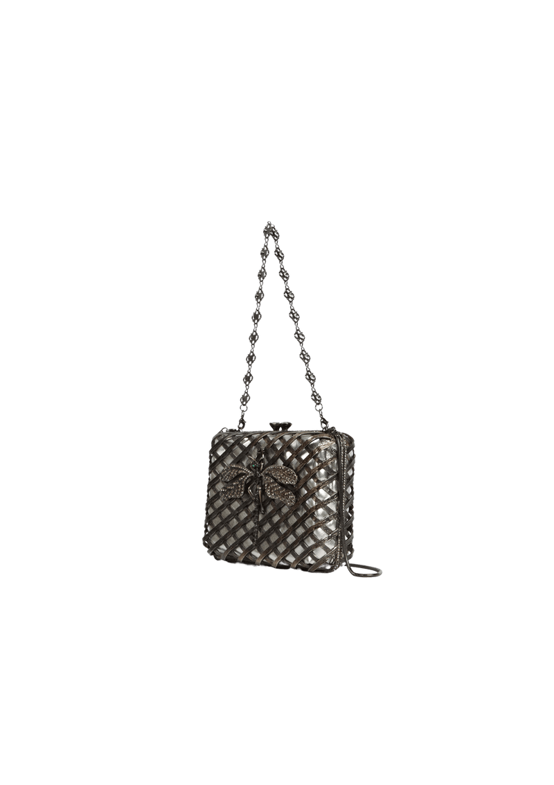 BOLSA CLUTCH METAL TRAMA COM BORBOLETAS EM CRISTAIS