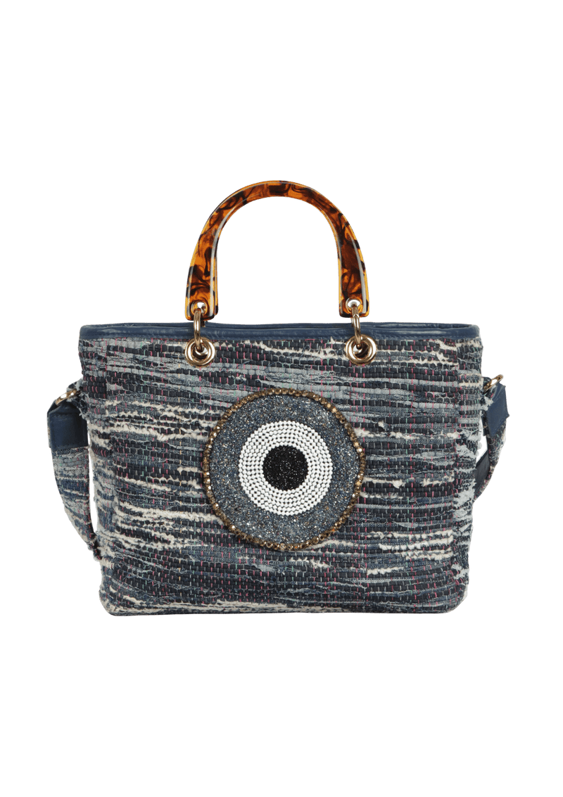 BOLSA TOTE EM TEAR E COURO NATURAL OLHO GREGO