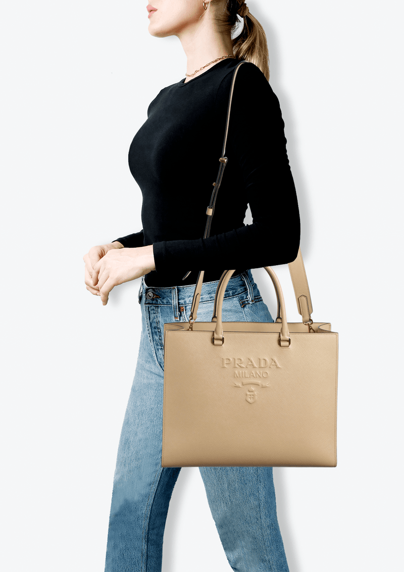 EMBOSSED SAFFIANO LOGO TOTE