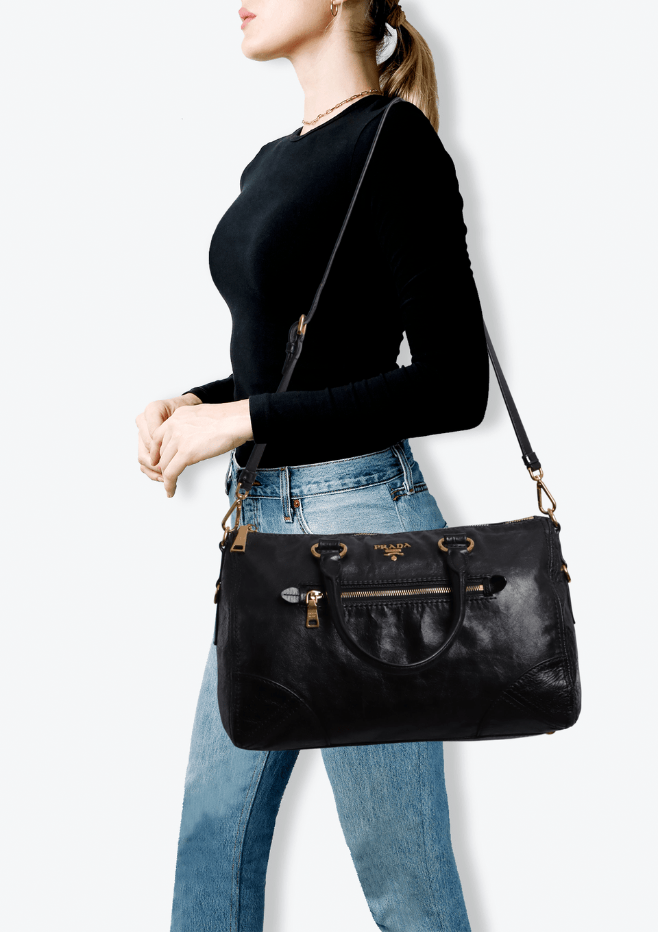 BOLSA PRADA VITELLO SHINE FRONT ZIP BAG PRETO ORIGINAL – Gringa