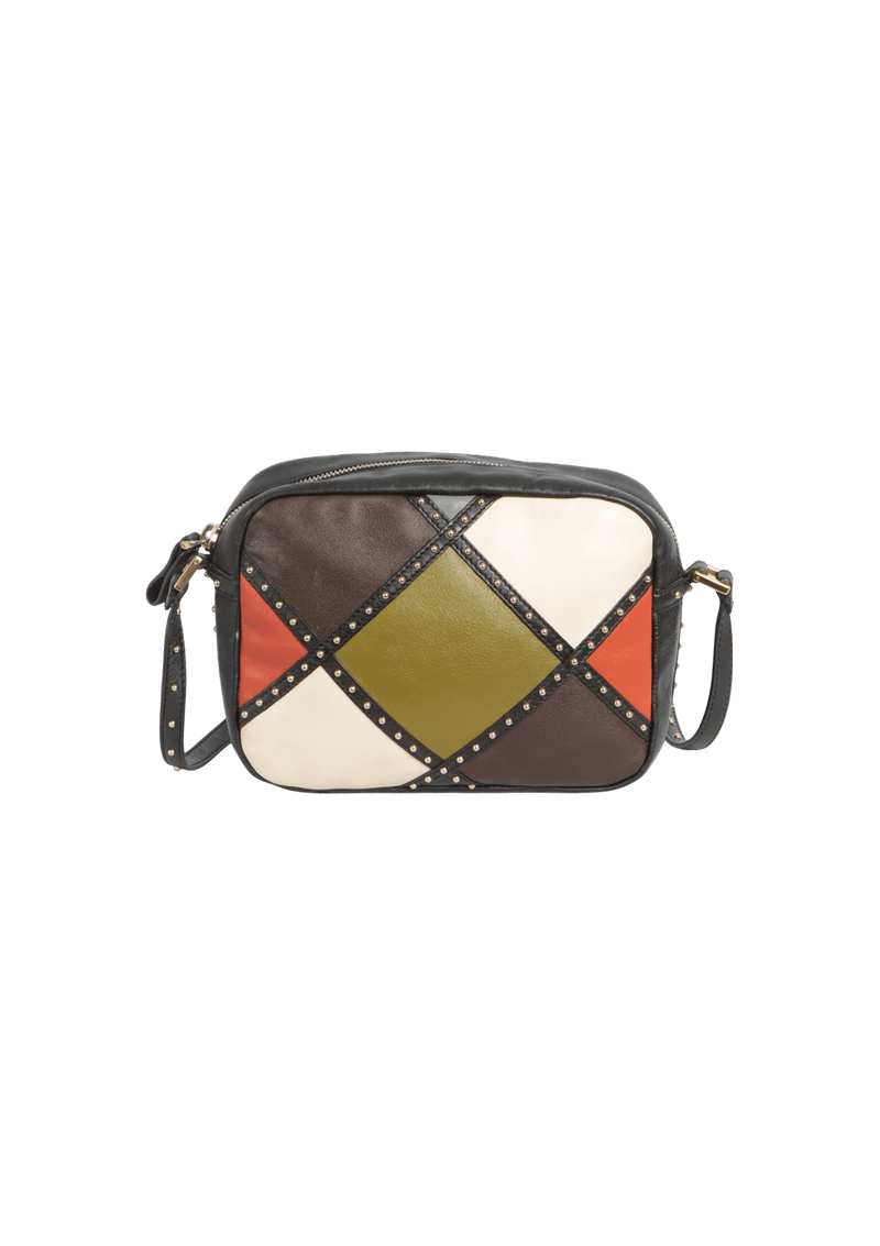 STUDDED COLORBLOCK PATCHWORK CAMERA BAG