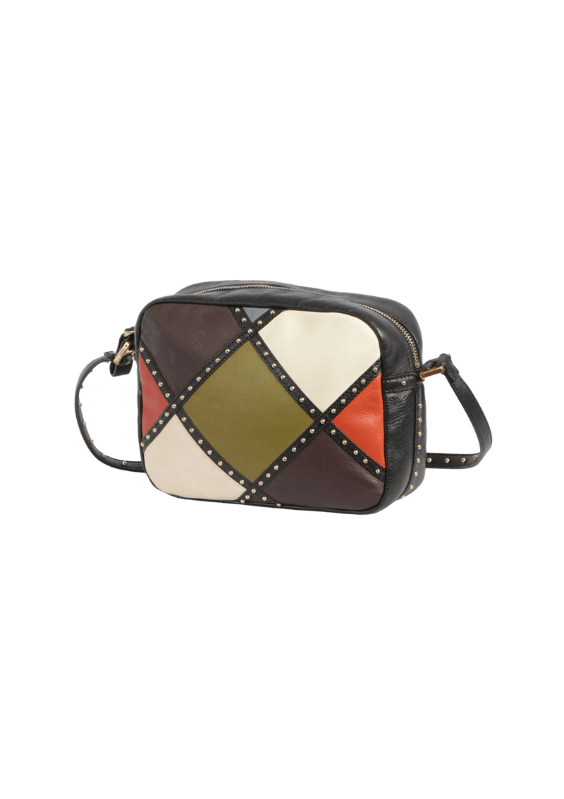 STUDDED COLORBLOCK PATCHWORK CAMERA BAG