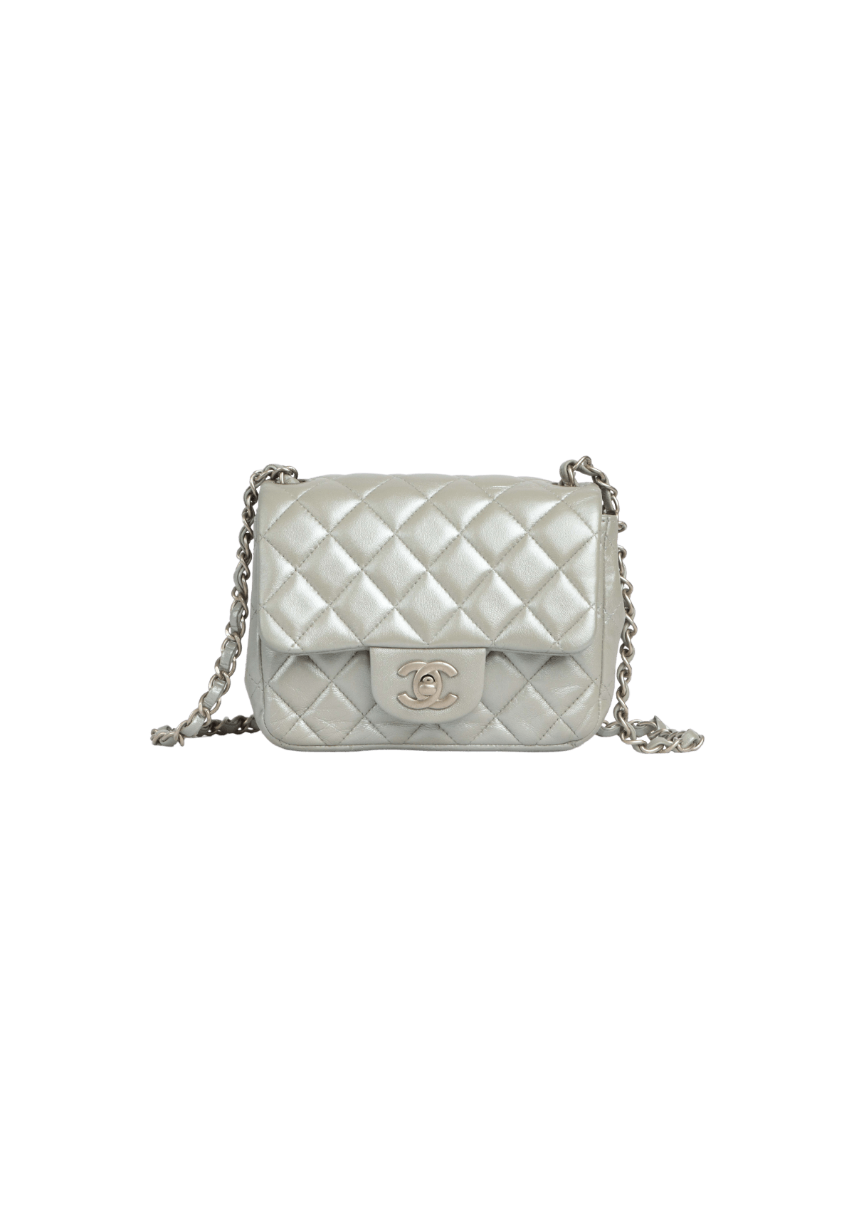BOLSAS CHANEL MINI SQUARE CLASSIC SINGLE FLAP LAMBSKIN PRATA