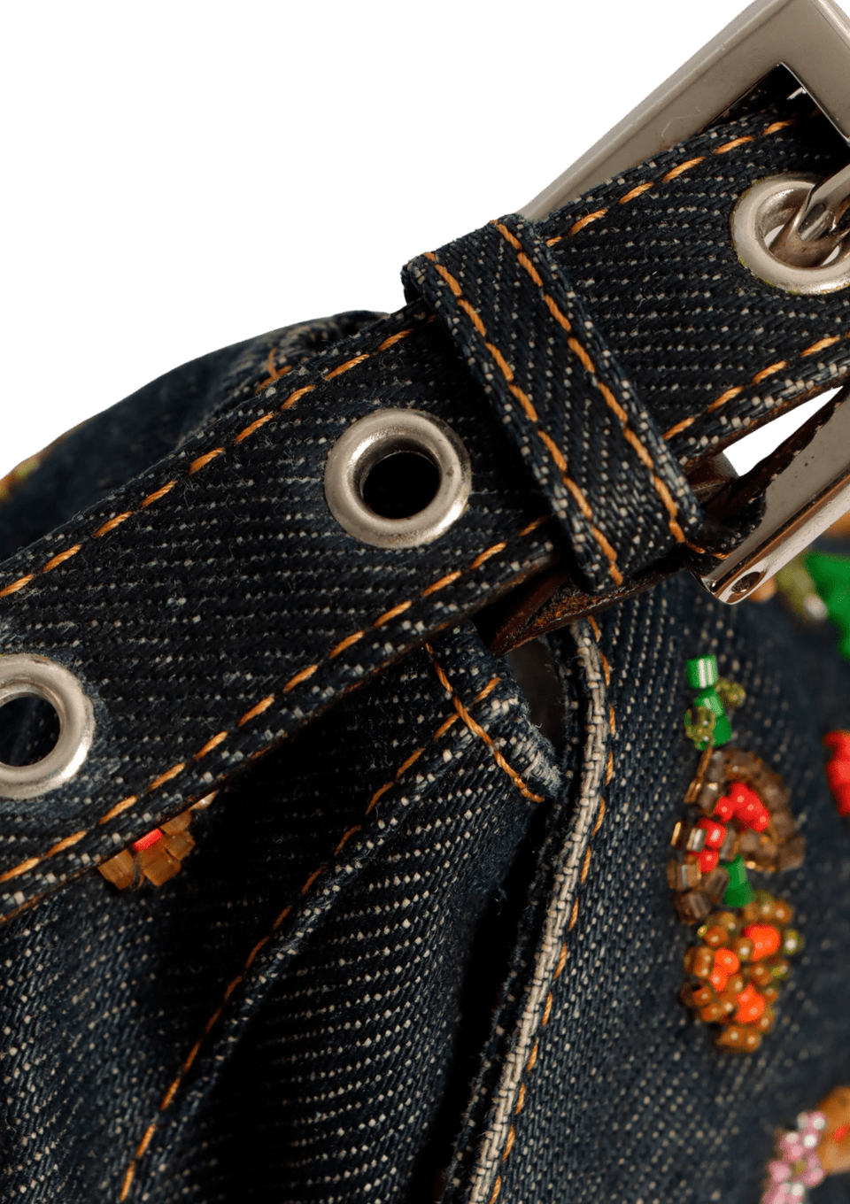 DENIM EMBROIDERED BAGUETTE BAG