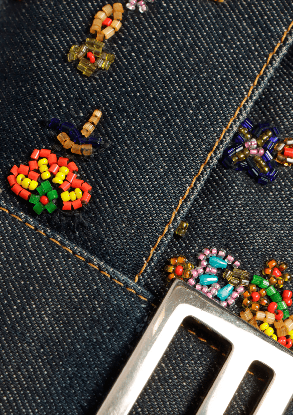DENIM EMBROIDERED BAGUETTE BAG