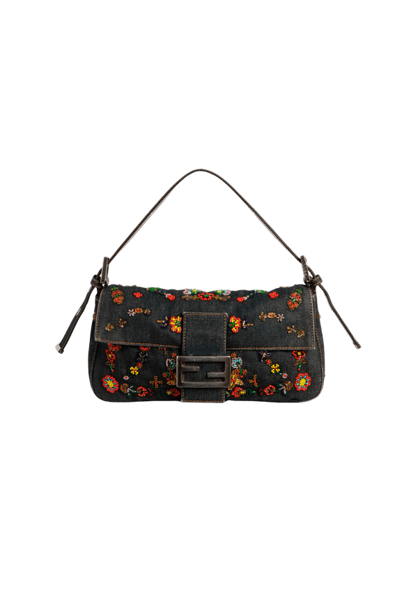 DENIM EMBROIDERED BAGUETTE BAG
