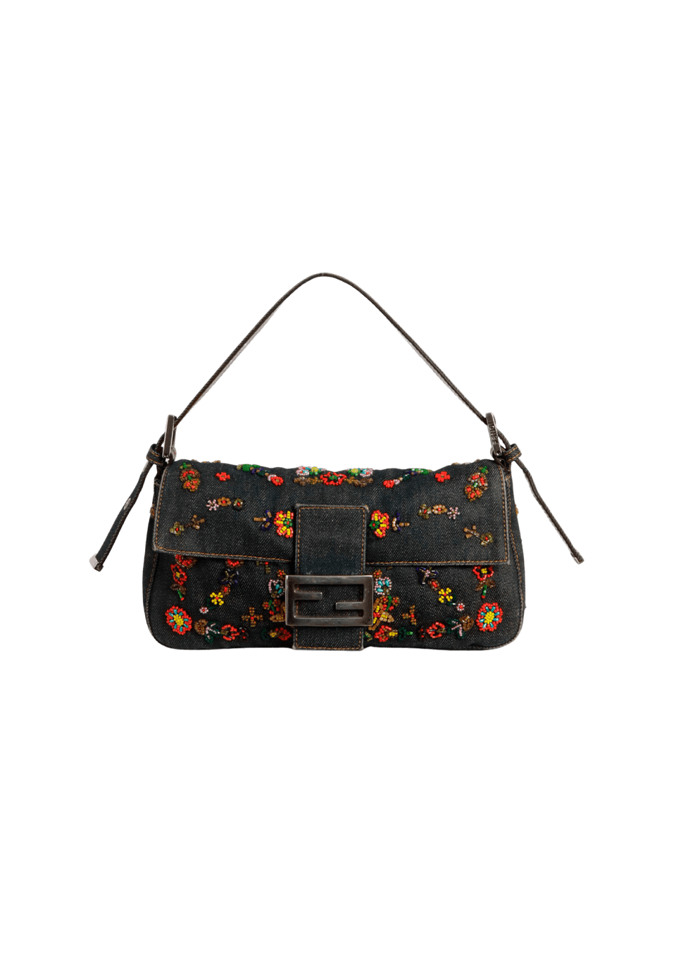 DENIM EMBROIDERED BAGUETTE BAG