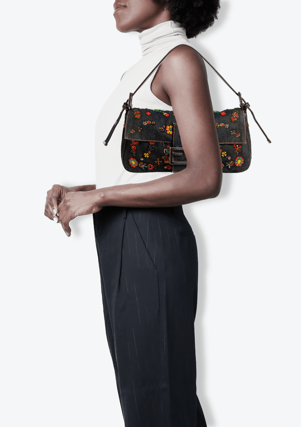 DENIM EMBROIDERED BAGUETTE BAG