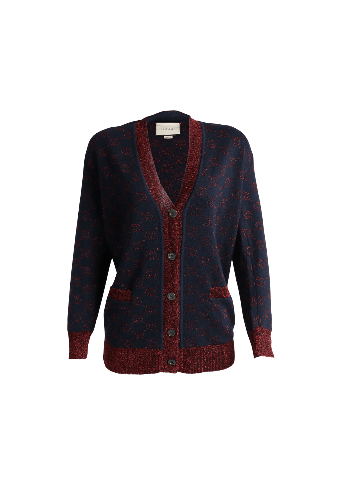 G. Gucci バーガンディ Vネックカーディガン CARDIGAN GUCCI INTERLOCKING G V-NECK CARDIGAN AZUL PP ORIGINAL