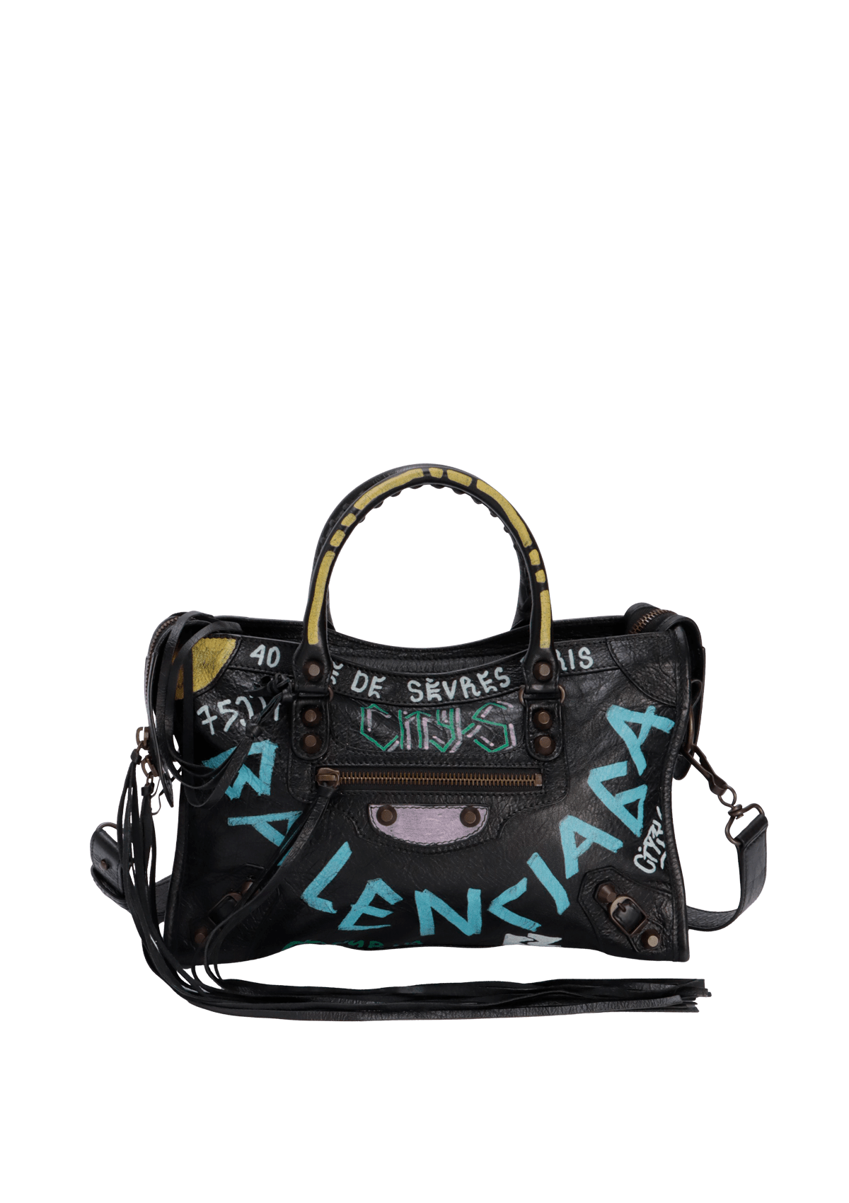 BOLSA BALENCIAGA MOTOCROSS CLASSIC GRAFFITI CITY BAG PRETO
