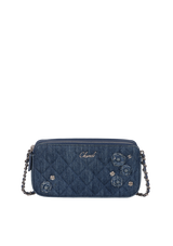 DENIM SMALL CAMELLIA CHARM CLUTCH W/CHAIN