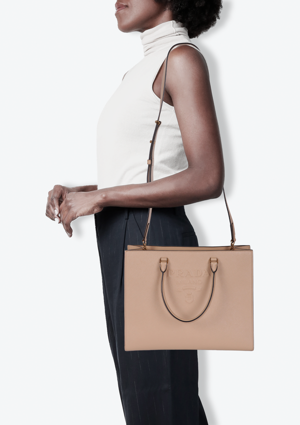 EMBOSSED SAFFIANO LOGO TOTE