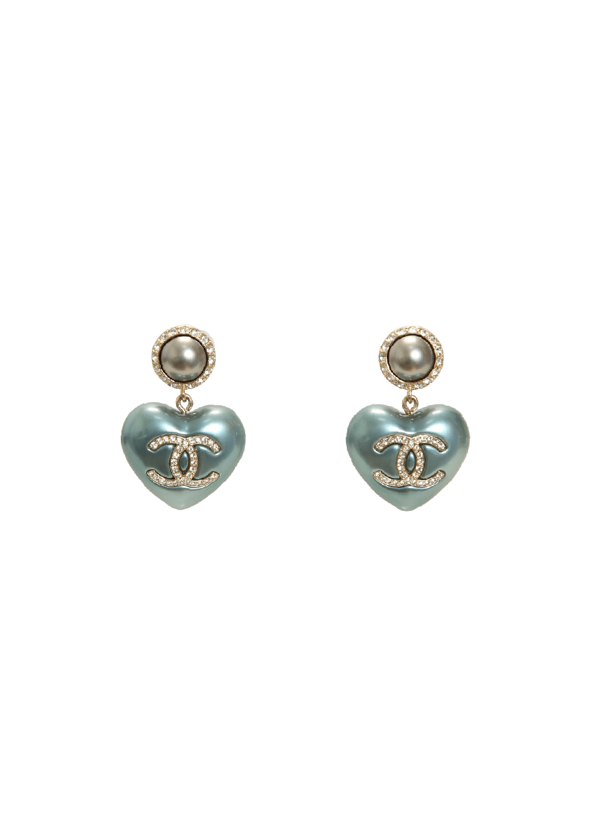 PAR DE BRINCOS CHANEL FAUX PEARL CC HEART DROP EARRINGS AZUL