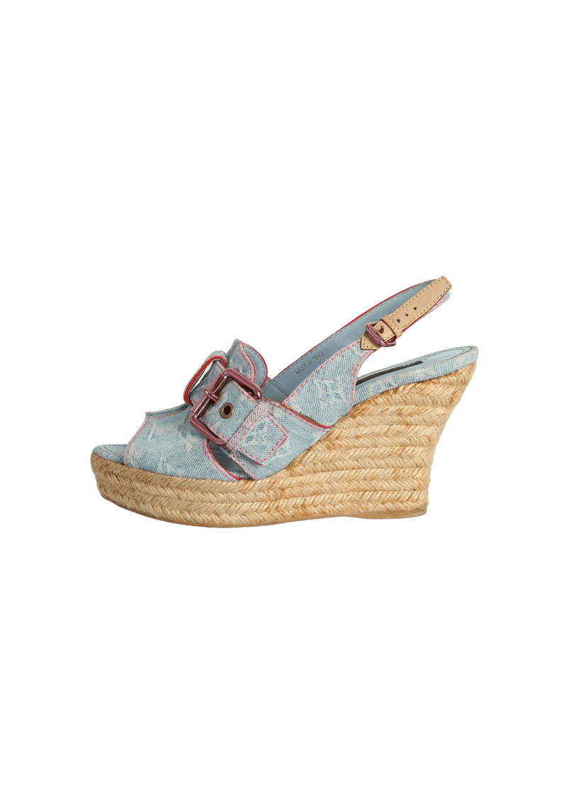 BLEACHED MONOGRAM DENIM WEDGE ESPADRILLES 36.5