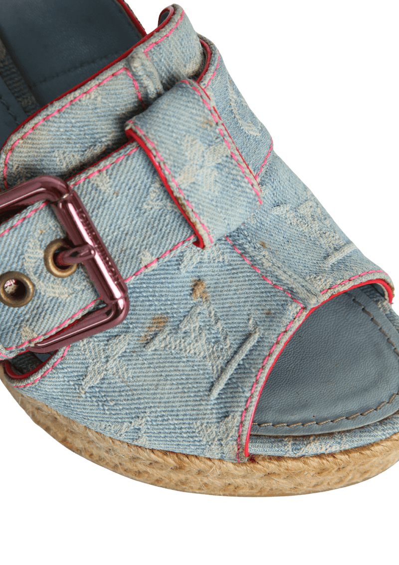 BLEACHED MONOGRAM DENIM WEDGE ESPADRILLES 36.5