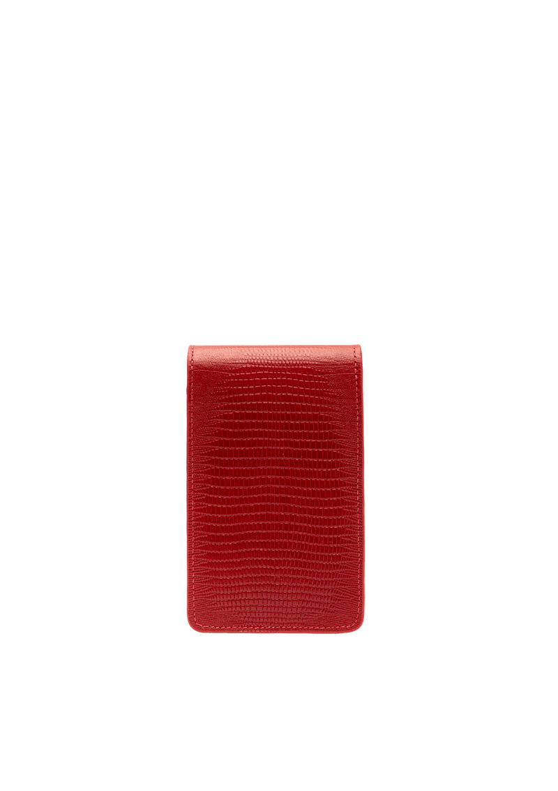 PHONE POUCH COM TAMPA EM COURO LIZARD VERMELHO