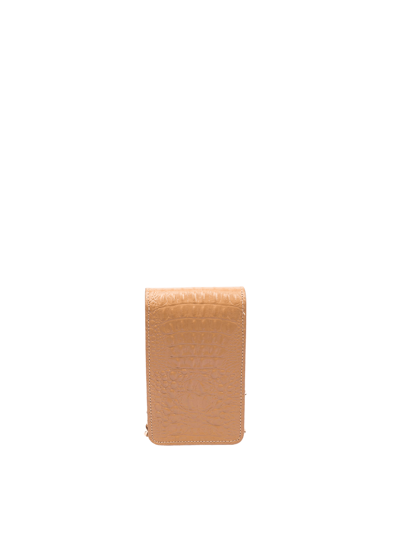 PHONE POUCH COM TAMPA EM COURO LIZARD OAT MILK