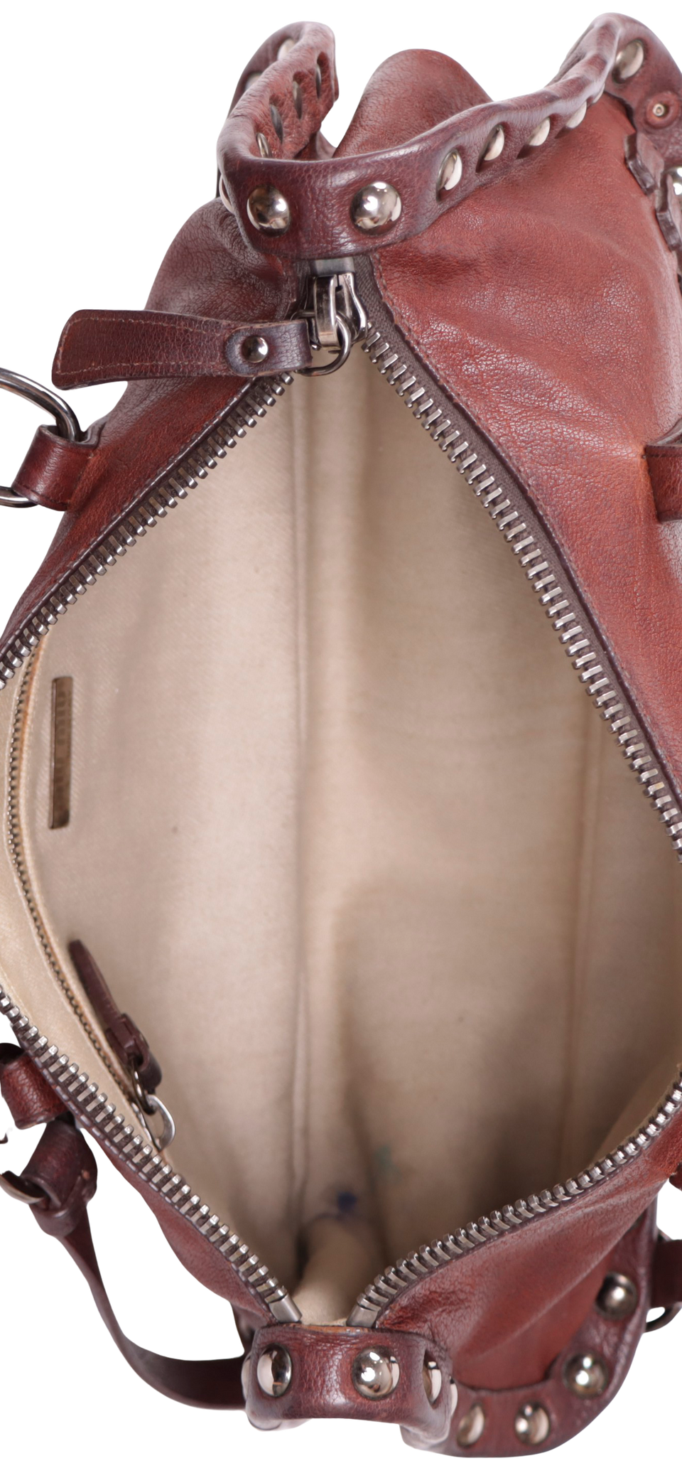 BOLSA MIU MIU LEATHER STUDDED SATCHEL MARROM ORIGINAL – Gringa
