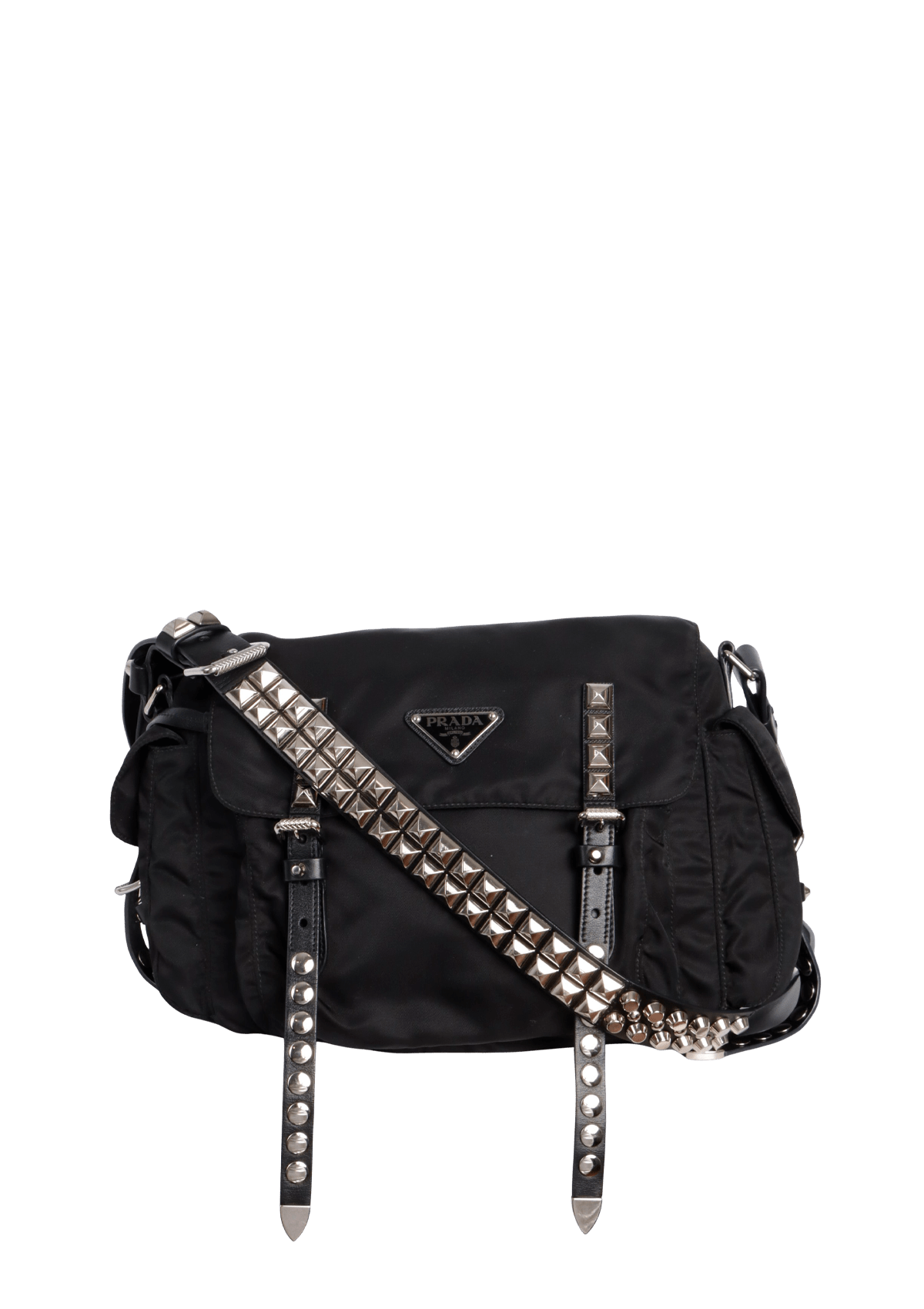 BOLSA PRADA NEW VELA STUDDED MESSENGER BAG PRETO ORIGINAL – Gringa