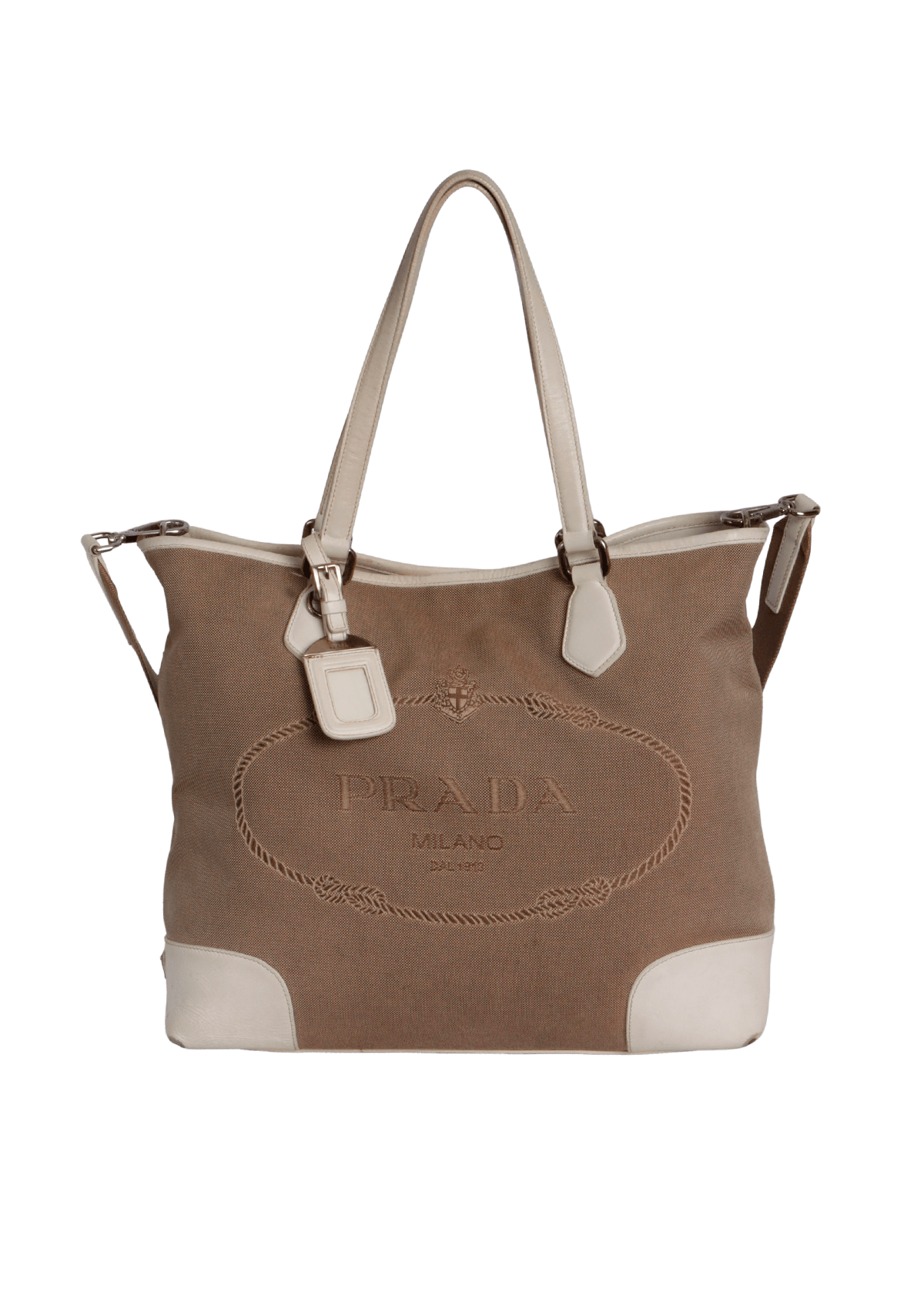 BOLSA PRADA CANAPA LOGO JACQUARD TOTE MARROM ORIGINAL – Gringa