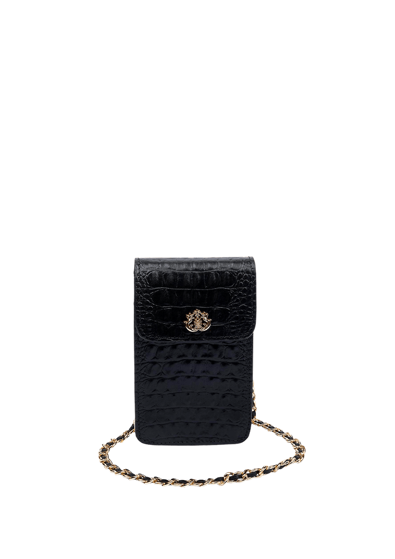 PHONE POUCH COM TAMPA EM COURO LIZARD PRETO