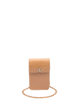 PHONE POUCH COM TAMPA EM COURO LIZARD OAT MILK