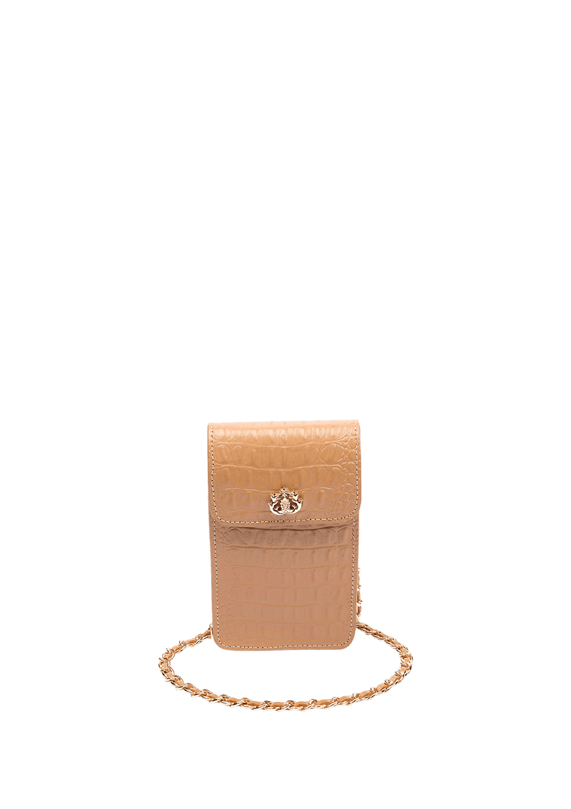 PHONE POUCH COM TAMPA EM COURO LIZARD OAT MILK