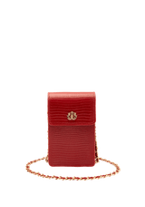 PHONE POUCH COM TAMPA EM COURO LIZARD VERMELHO