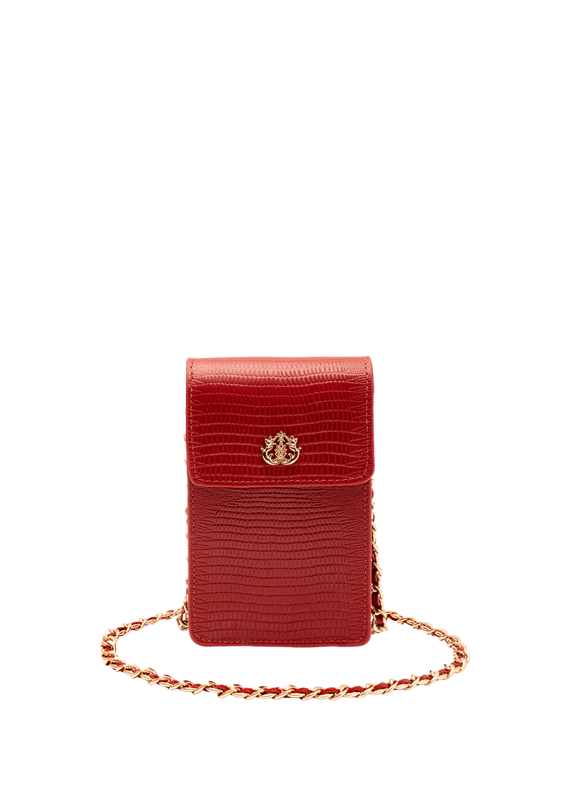 PHONE POUCH COM TAMPA EM COURO LIZARD VERMELHO