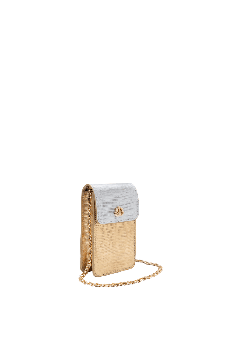 PHONE POUCH COM TAMPA EM COURO LIZARD PRATA NEW GOLD