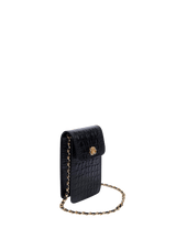 PHONE POUCH COM TAMPA EM COURO LIZARD PRETO