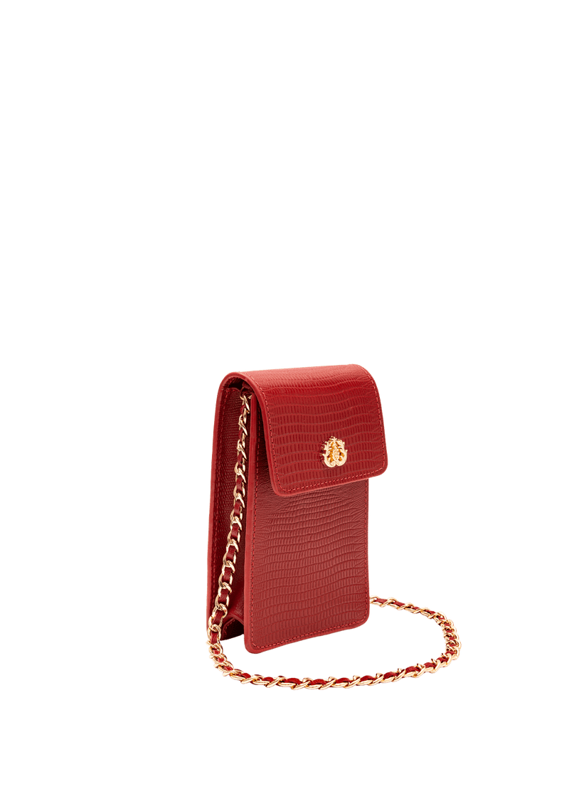 PHONE POUCH COM TAMPA EM COURO LIZARD VERMELHO