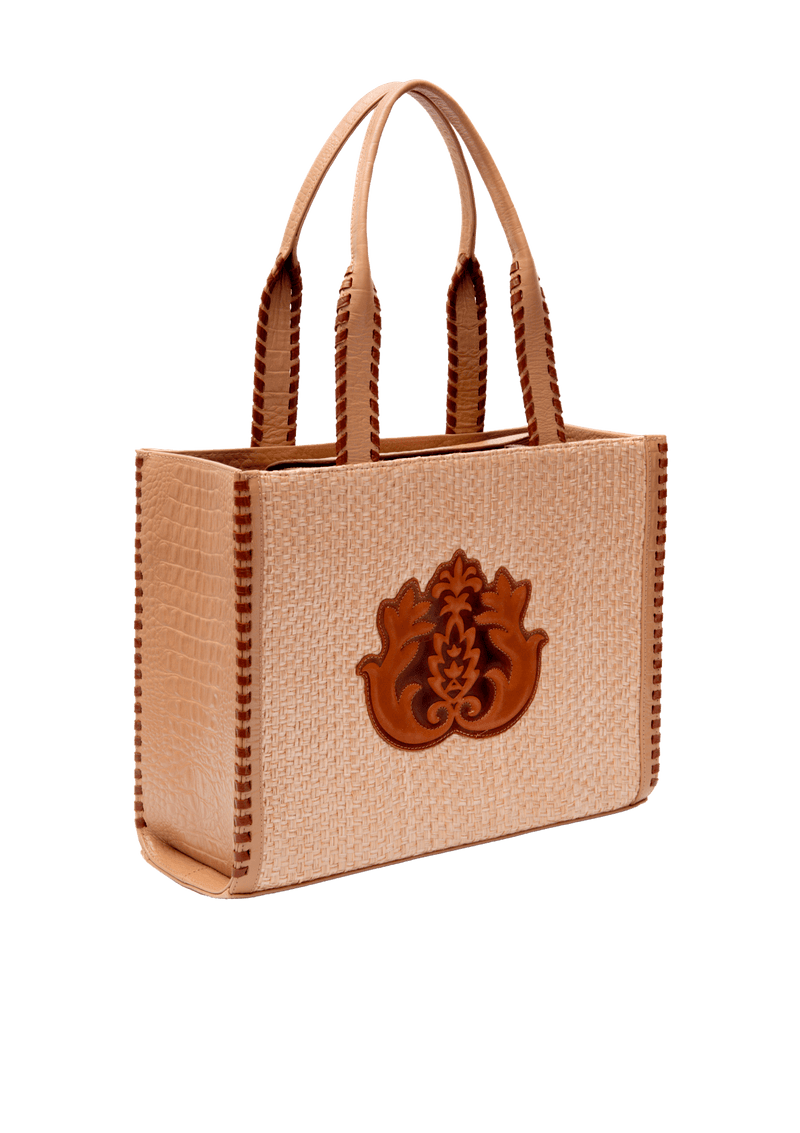 BOLSA MAXI TOTE RAVENA EM PALHA E COURO