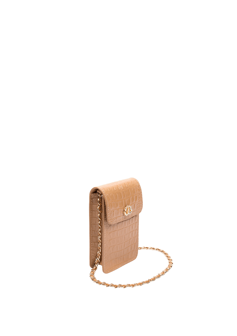 PHONE POUCH COM TAMPA EM COURO LIZARD OAT MILK