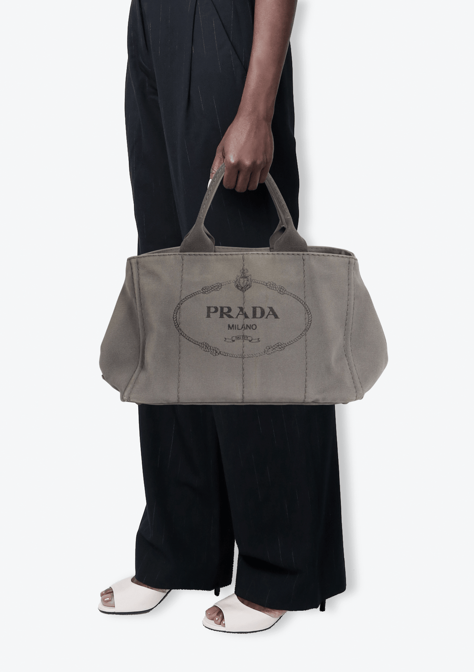 BOLSA PRADA CANAPA LOGO TOTE CINZA ORIGINAL – Gringa
