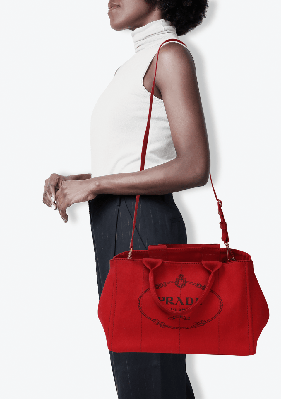 BOLSA PRADA CANAPA LOGO TOTE VERMELHO ORIGINAL – Gringa