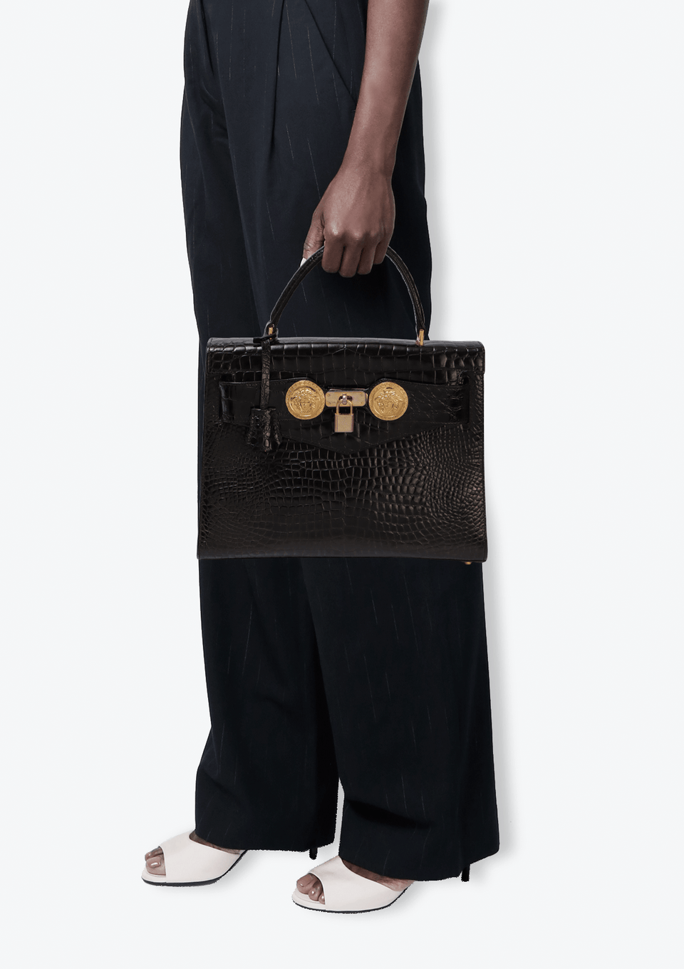 BOLSA GIANNI VERSACE VINTAGE CROCODILE EMBOSSED DIANA BAG PRETO